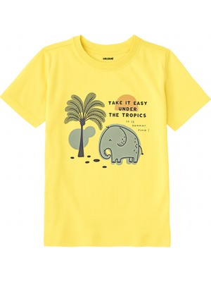 Colermi Pamuk Kumaş Çocuk Tişörtü – Tropikal Fil Baskılı Çocuk T-Shirt