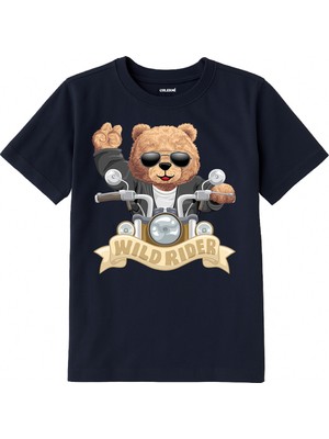 Colermi Pamuk Kumaş Çocuk Tişörtü – Wild Rider Ayı Motosiklet Baskılı Unisex Çocuk T-Shirt