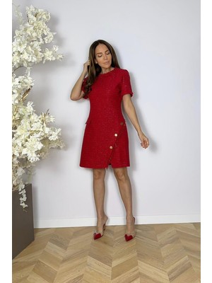 G1675 Düğme Detaylı Tüvit Elbise Kırmızı