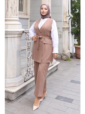 Moda Mihram Kemer Detaylı İkili Takım Vizon 19232