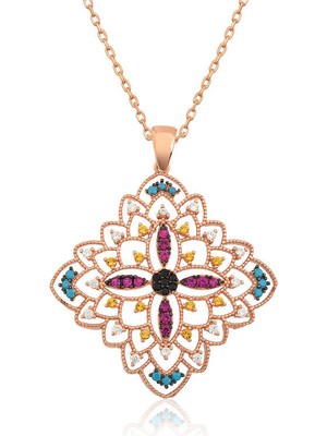 Aya Diamond Gümüş Rose Etnik Desenli Madalyon Kolye