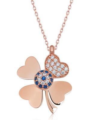 Aya Diamond Gümüş Rose Nazarlı Dört Yapraklı Yonca Kadın Kolye
