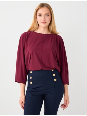 Jimmy Key Bordo Yuvarlak Yaka Yarasa Kol Örme Bluz