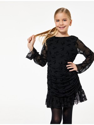 Koton Fiyonk Detaylı Fırfırlı Uzun Kollu Yuvarlak Yaka Tül Yılbaşı Elbisesi