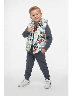 Nellino Erkek Çocuğu Fermuar Kapama Desenli Şişme Yelek Üçip Kalın Sweatshırt Alt Eşofman Takım