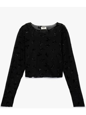 Koton Uzun Kollu Simli Fiyonk Detaylı Tül Bisiklet Yaka Crop Yılbaşı Bluz