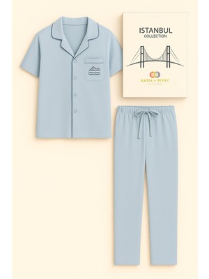 Katia & Bony Erkek Istanbul Serisi Boğaz Köprüsü Desenli Premium Kutulu Pijama Takımı Mavi