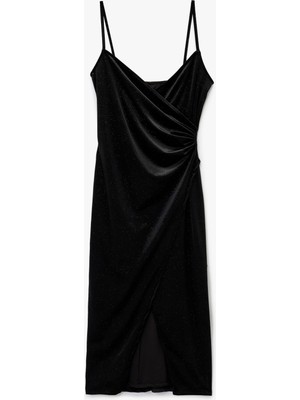 Koton Simli Ip Askılı Drapeli Kruvaze Yaka Midi Slip Kadife Abiye Elbise