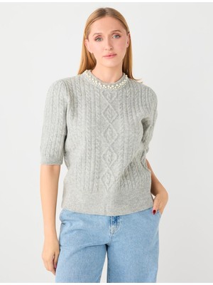 Jimmy Key Gri Yuvarlak Yaka Dirsek Kol Inci Işlemeli Triko Kazak