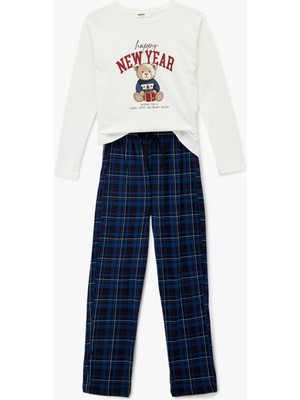Koton Pamuklu Uzun Kollu Bisiklet Yaka Yılbaşı Temalı Pijama Takımı