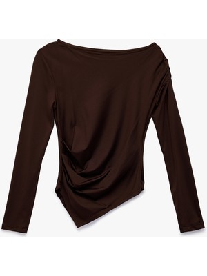 Koton Slim Fit Asimetrik Kesim Drapeli Uzun Kollu Tişört