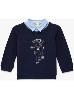 Koton Pamuklu Nakışlı Uzun Kollu Gömlek Yaka Detaylı Yılbaşı Temalı Sweatshirt