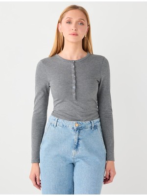 Jimmy Key Antrasit Dar Kesim Bisiklet Yaka Düğme Detaylı Örme Bluz