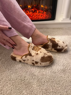 Power Kadın Sessiz Taban Yumuşak ve Hafif Benek Desenli Peluş Ev Terliği