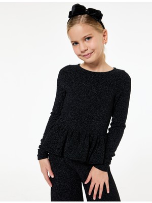 Koton Uzun Kollu Bisiklet Yaka Sim Detaylı Fırfırlı Peplum Yılbaşı Bluz