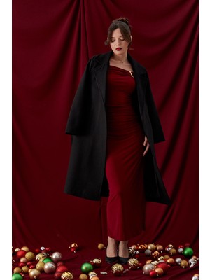 Shopping Shop Kuşaklı Uzun Kaşe Kaban Sıyah