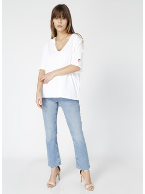 Fabrika Beyaz Kadın V Yaka Oversize T-Shirt TALITA