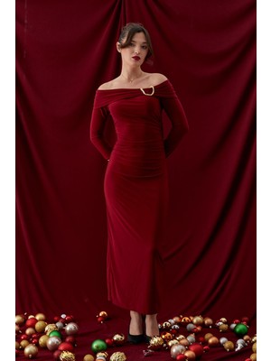Shopping Shop Madonna Yaka Tokalı Uzun Elbise BORDO