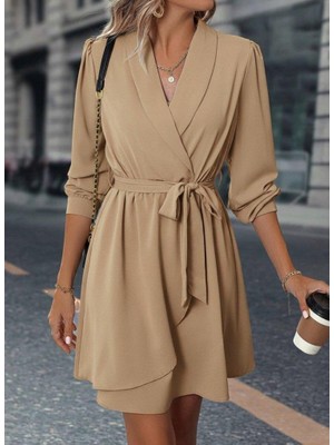Mareandpanda Kadın Uzun Kollu Kruvaze Yakalı Belden Kuşaklı Mini çift Katlı Ithal Krep Elbise
