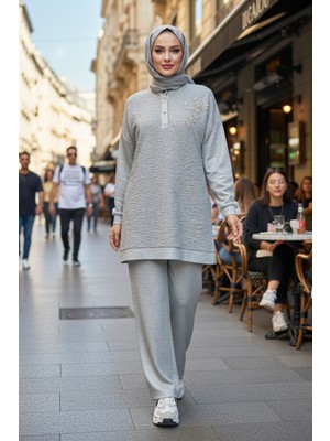 Lale Butik Kadın Boncuk Işleme Detay Simli Örme Kumaş Tunik Pantolon Takım 7323 Gri