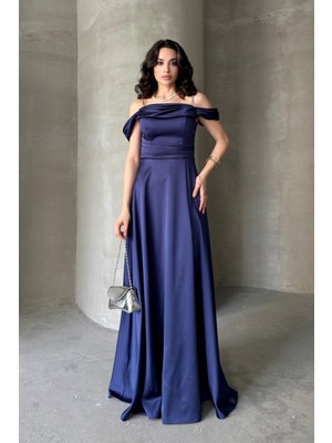 Serica Moda Lacivert Taş Askılı Düşük Kol Saten Abiye