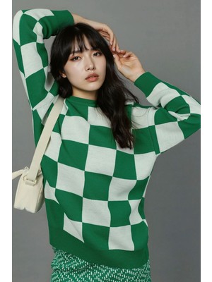 Hiccup Kadın My Fashıon Rahat Kesim Kareli Triko Kazak Yeşil