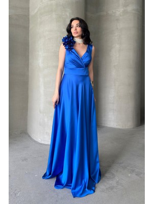 Serica Moda Saks Mavi Kruvaze Yaka Omuz Detaylı Saten Abiye Elbise