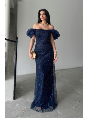 Serica Moda Lacivert Balon Kol Detaylı Payet Işlemeli Straplez Abiye Elbise