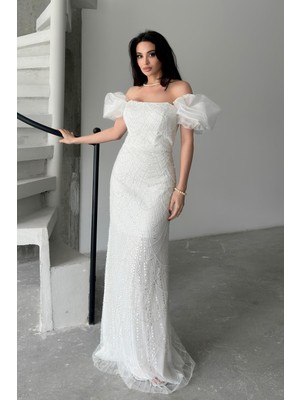 Serica Moda Beyaz Balon Kol Detaylı Payet Işlemeli Straplez Abiye Elbise