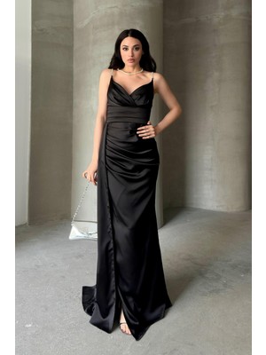 Serica Moda Siyah Taş Askılı Bel Detaylı Saten Abiye Elbise