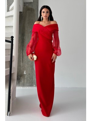 Serica Moda Kırmızı Şifon Kol Detaylı Düşük Omuz Balık Abiye Elbise