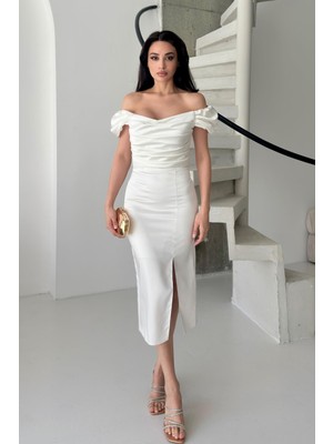 Serica Moda Beyaz Düşük Omuz Drapeli Midi Abiye Elbise