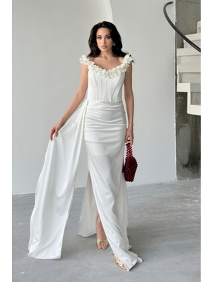 Serica Moda Çiçek Detaylı Önü Büzgülü Uzun Saten Elbise