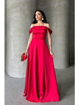 Serica Moda Kırmızı Taş Askılı Düşük Kol Saten Abiye