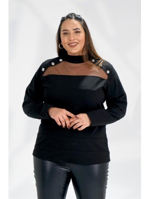 Roxxlen Büyük Beden Düğme Detaylı Bluz Siyah