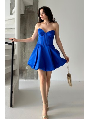 Serica Moda Saks Mavi Korse Detaylı Balon Etekli Mini Abiye