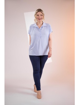 Roxxlen 1112064 Kadın Büyük Beden Düğme Detaylı Bluz Lila