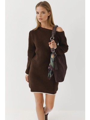 Hiccup Kadın My Fashıon Asimetrik Yaka Ribana Triko Elbise Kahve Kahvesi