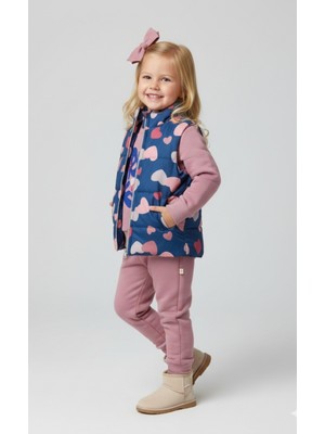 Nellino Kız Çocuk Kalp Desenli Fermuar Kapama Şişme Yelek Üçip Kalın Sweat Alt Eşofman Takım