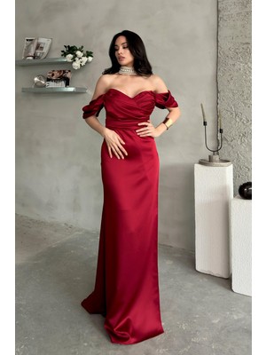 Serica Moda Bordo Büzgülü Düşük Kol Saten Abiye Elbise