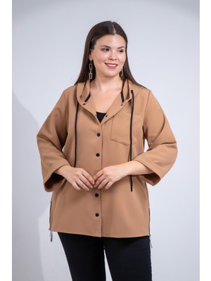 Roxxlen 1212090 Büyük Beden Yanı Fermuarli Kapüşonlu Kadın Ceket Camel