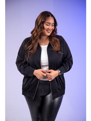 Roxxlen Büyük Beden Fermuarlı Cep Detaylı Mont Siyah