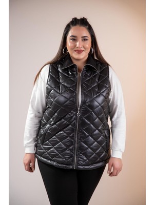 Roxxlen Büyük Beden Fermuarlı Kapitone Yelek Siyah