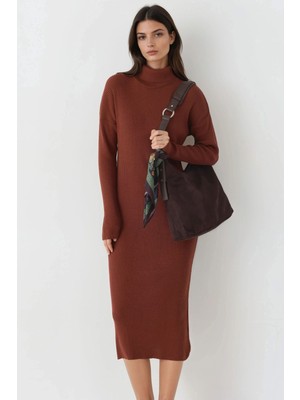 Hiccup Kadın My Fashıon Balıkçı Yaka Vücuda Oturan Triko Elbise Ceviz Kahve