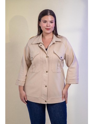 Roxxlen 1212088 Büyük Beden Cepli-Çıt Çıtlı Kadın Ceket Bej