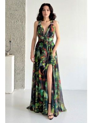Serica Moda Yeşil Desenli Bağlamalı  Yırtmaç Detaylı Maxi Şifon Abiye