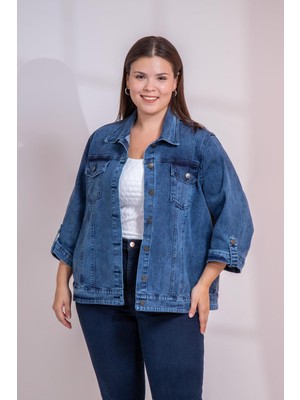 Roxxlen Büyük Beden Cepli Apoletli Denim Ceket