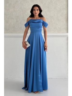 Serica Moda Mavi Taş Askılı Düşük Kol Saten Abiye