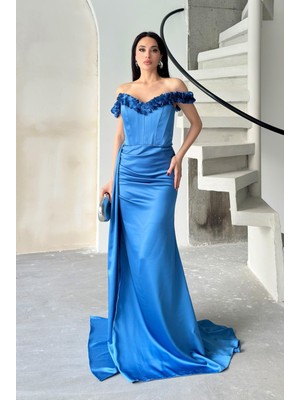 Serica Moda Çiçek Detaylı Önü Büzgülü Uzun Saten Elbise