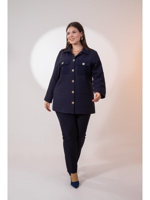 Roxxlen Büyük Beden Kadın Düğme Detaylı Kapitone Ceket Lacivert Dayanıklı ve Şık Tasarım